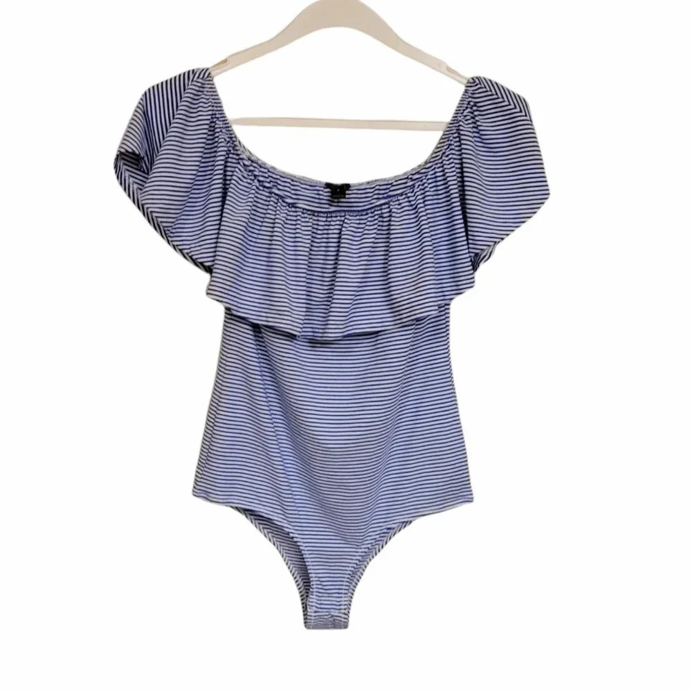 J.Crew Ruffle Off Shoulder Striped Bodysuit Blue White Size Small
